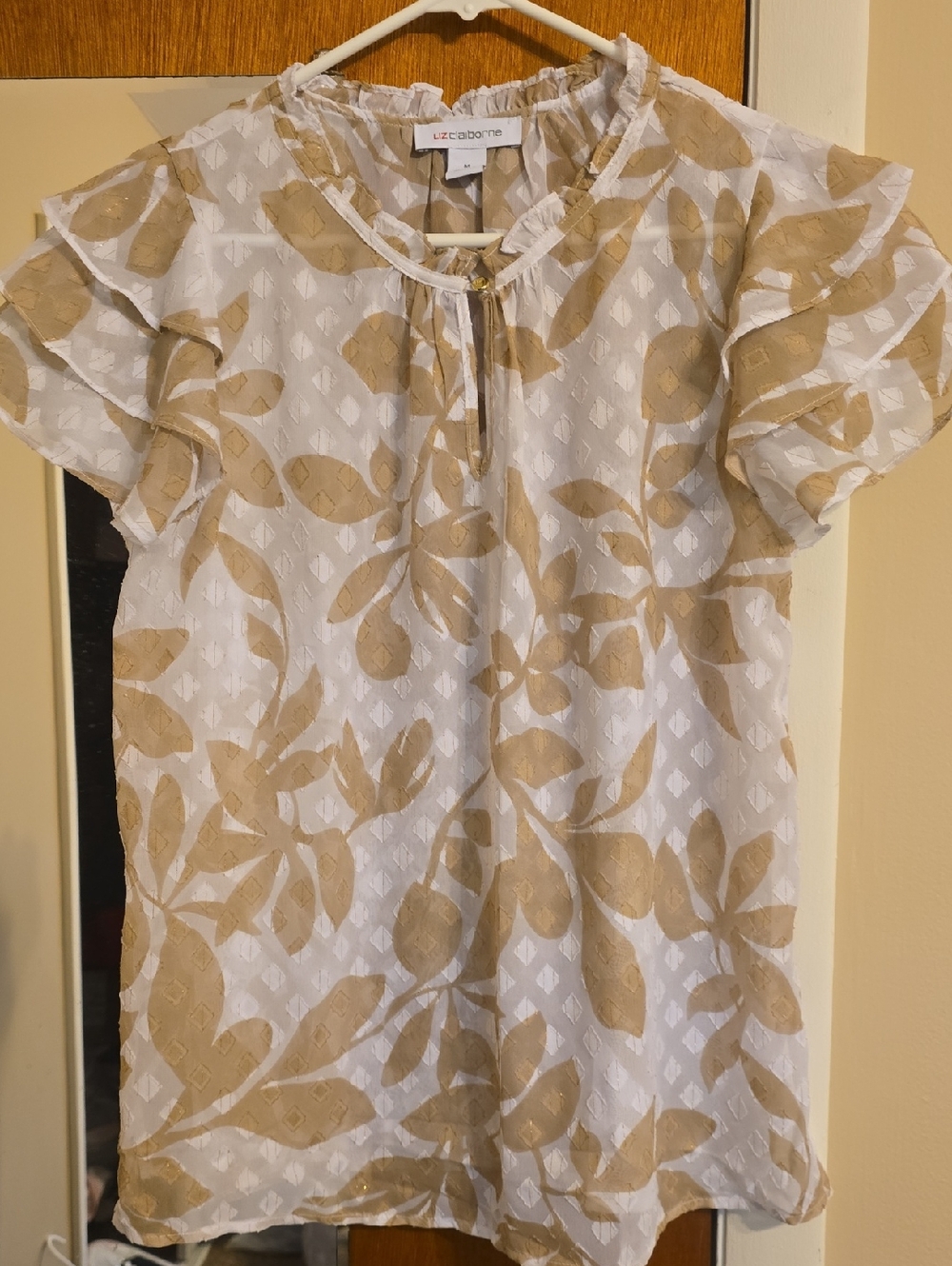 Liz Claiborne White Blouse with Tan Leaf Pattern